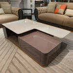 Contemporary Marble-Effect Coffee Table with Natural Wood Veneer Storage Cabinet